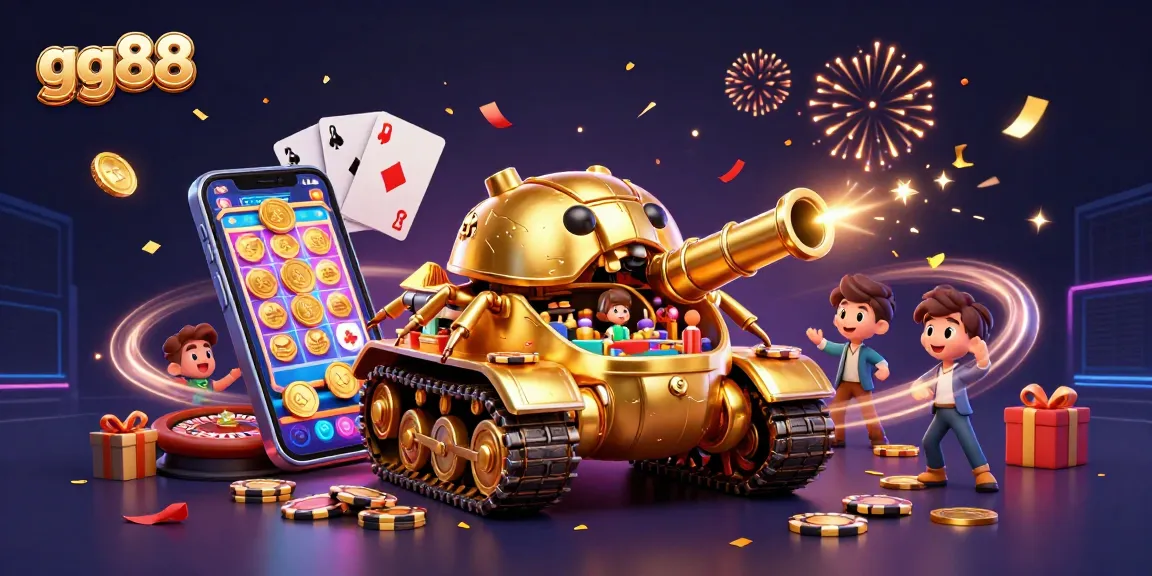 Experience the excitement of gg88 with a vibrant scene of a golden beetle tank casino amidst floating coins and games.