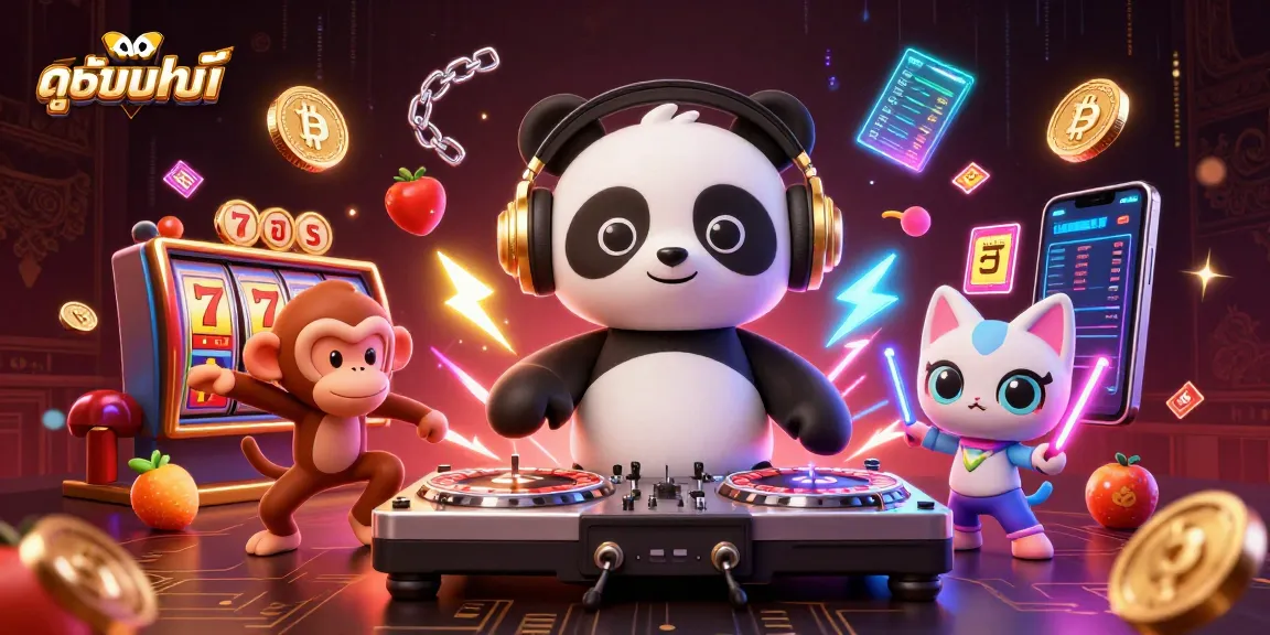 Engage with ดูหนังออนไลน์ as a DJ panda spins roulette wheel turntables amidst vibrant casino vibes.