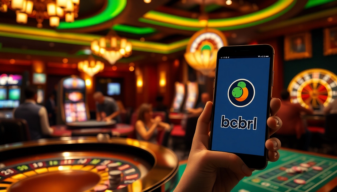 Experimenta la emoción de BCBRL con visuales de casino vibrantes que muestran máquinas tragamonedas y fichas de póker.