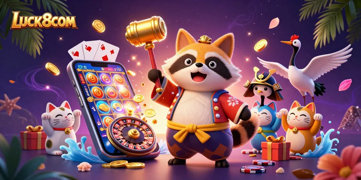Play with excitement at LUCK8COM: a vibrant casino scene featuring luck-bringing characters and games
