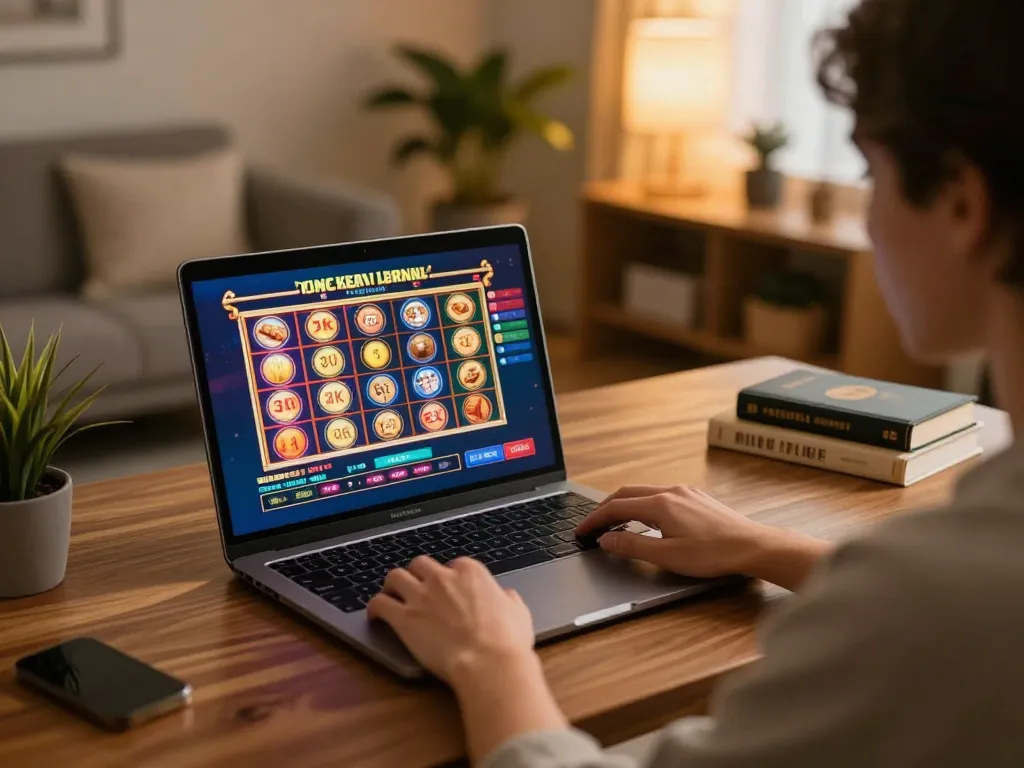 Player engaging with 789bet online slots on a laptop in a cozy home setting.