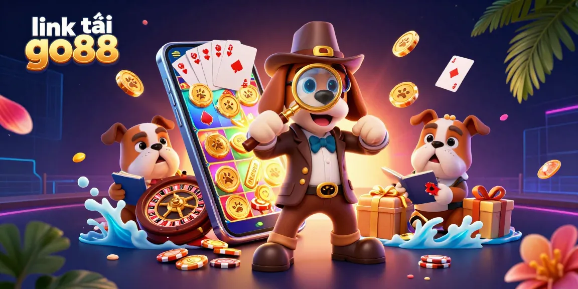 Play and win with link tải go88 while exploring treasure with a cartoon detective scene.