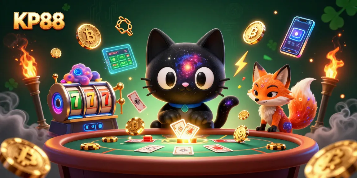 Experience thrilling gameplay at KP88 with a cosmic casino scene showcasing the black hole cat and colorful nebula fox.