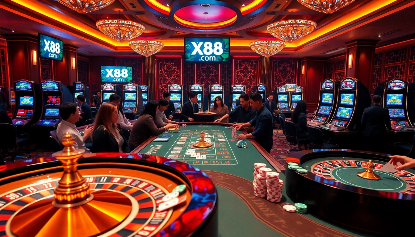 Excited gamblers at X88 com enjoying vibrant casino games with modern decor and slot machines.