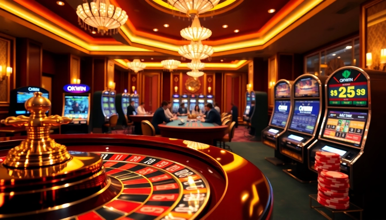 OKWIN casino experience with players at roulette and slot machines in a luxurious setting.