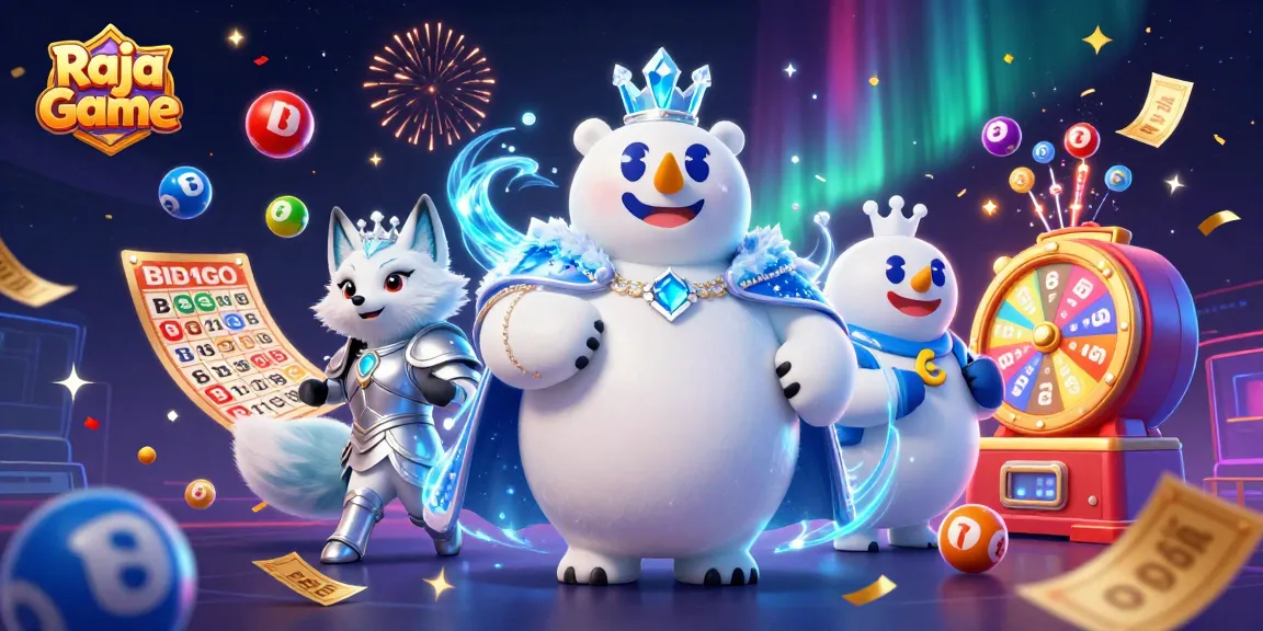 Experience engaging games with Raja Game, vibrant lottery balls, golden bingo cards, and festive visuals.