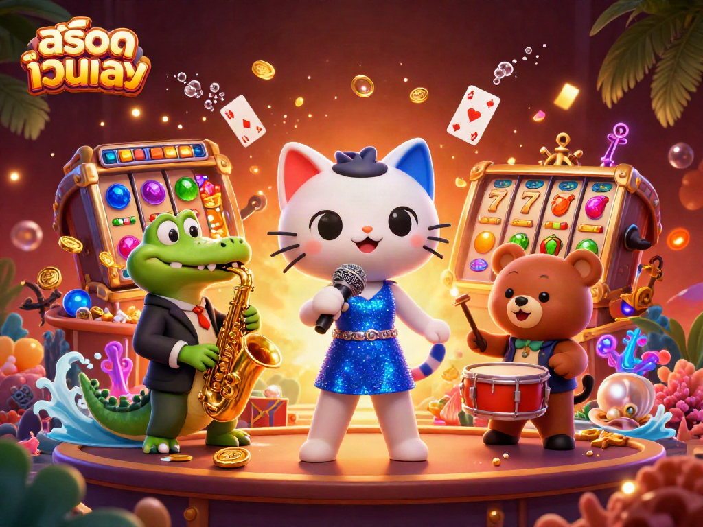 Experience the thrilling excitement of สล็อตเว็บตรง with vibrant characters and slot game elements in a dynamic 3D scene.