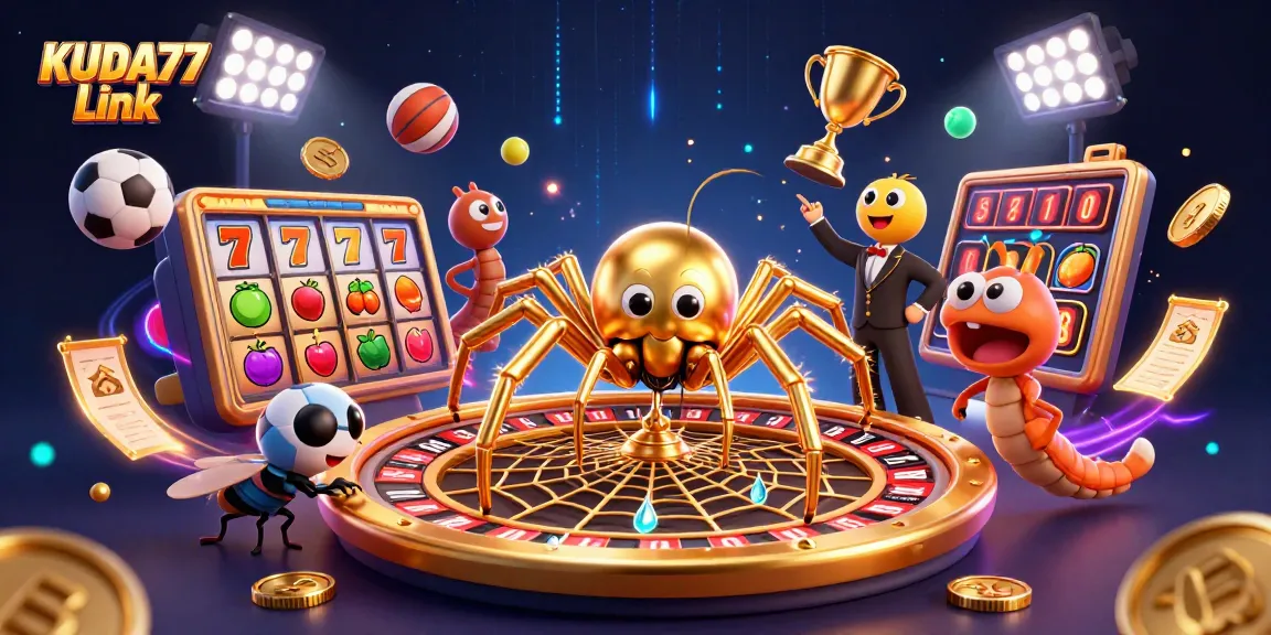 Kuda77 Link memikat dengan ilustrasi slot 3D dan elemen judi menarik di latar belakang yang dinamis.