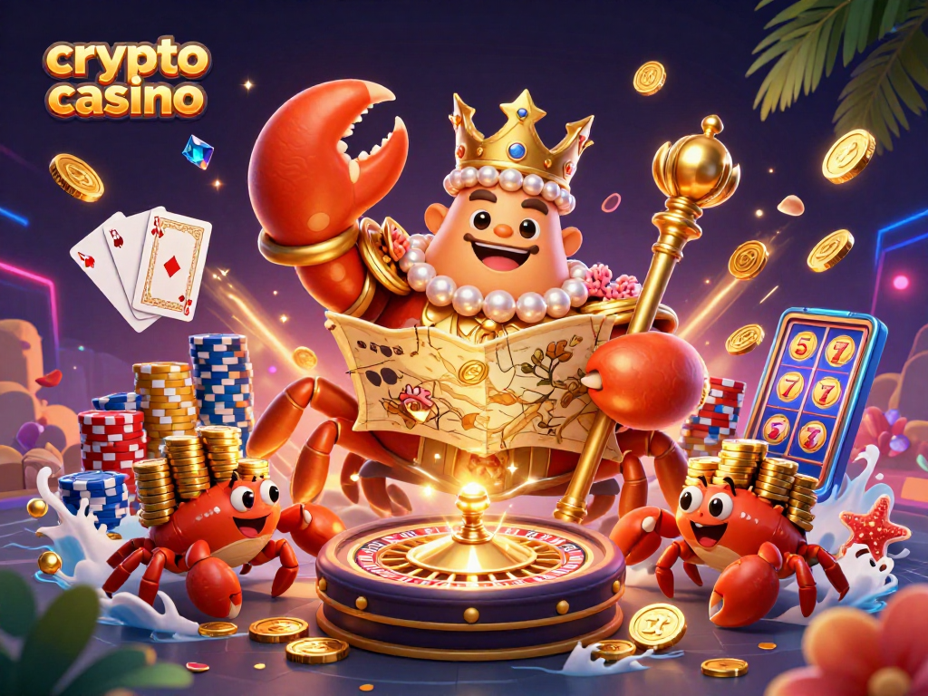 Experience the excitement of the crypto casino with a vibrant, colorful illustration featuring a golden crab emperor.