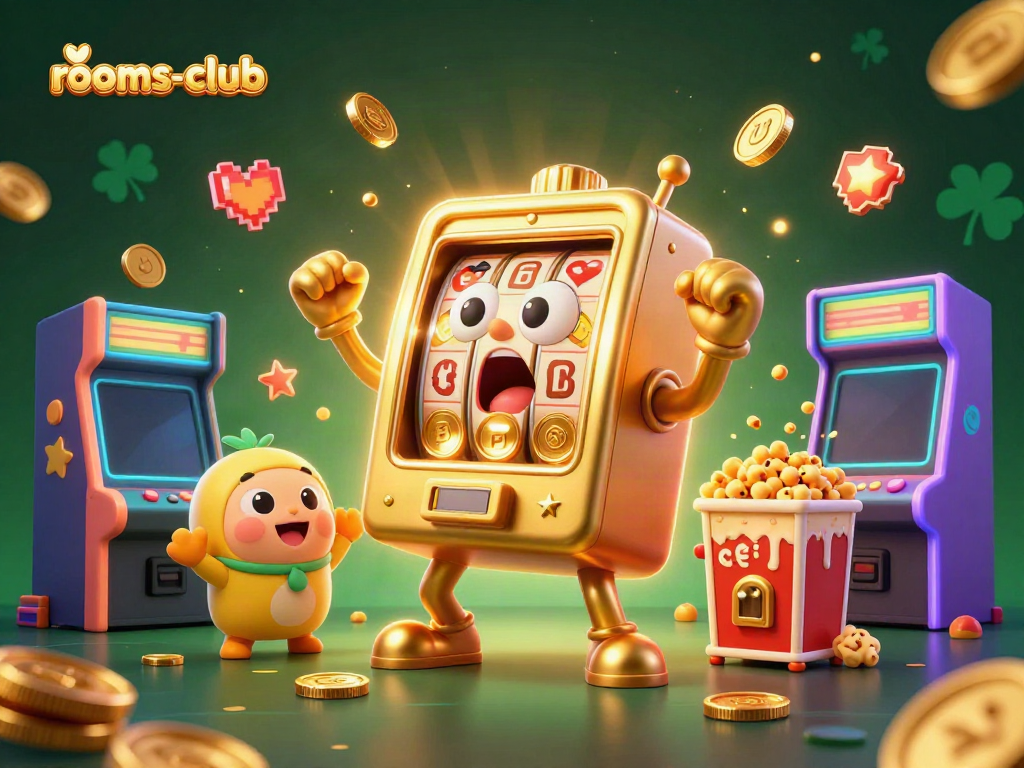 Mesin slot emas bersenang-senang di rooms-club dengan koin berkilau jatuh dari mulutnya.