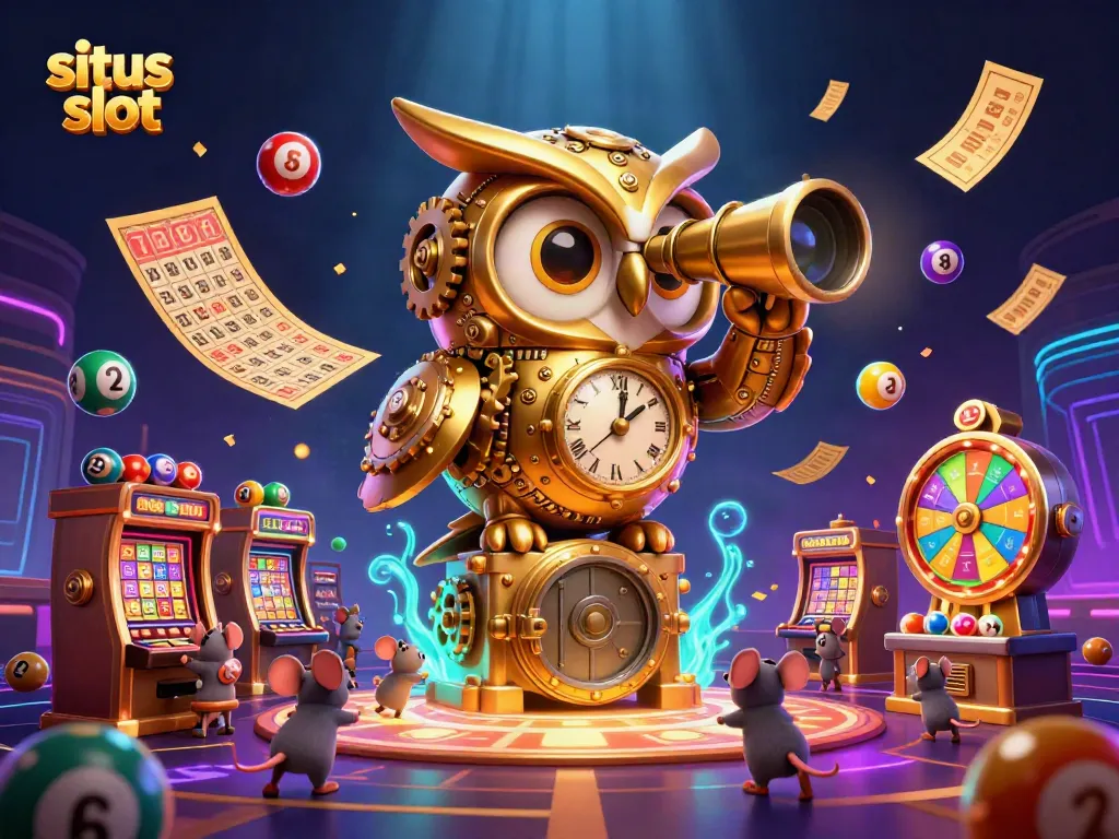 Mengakses situs slot yang mengasyikkan dengan karakter burung hantu mengawasi dan permainan lotere bergerak di antara mesin slot.