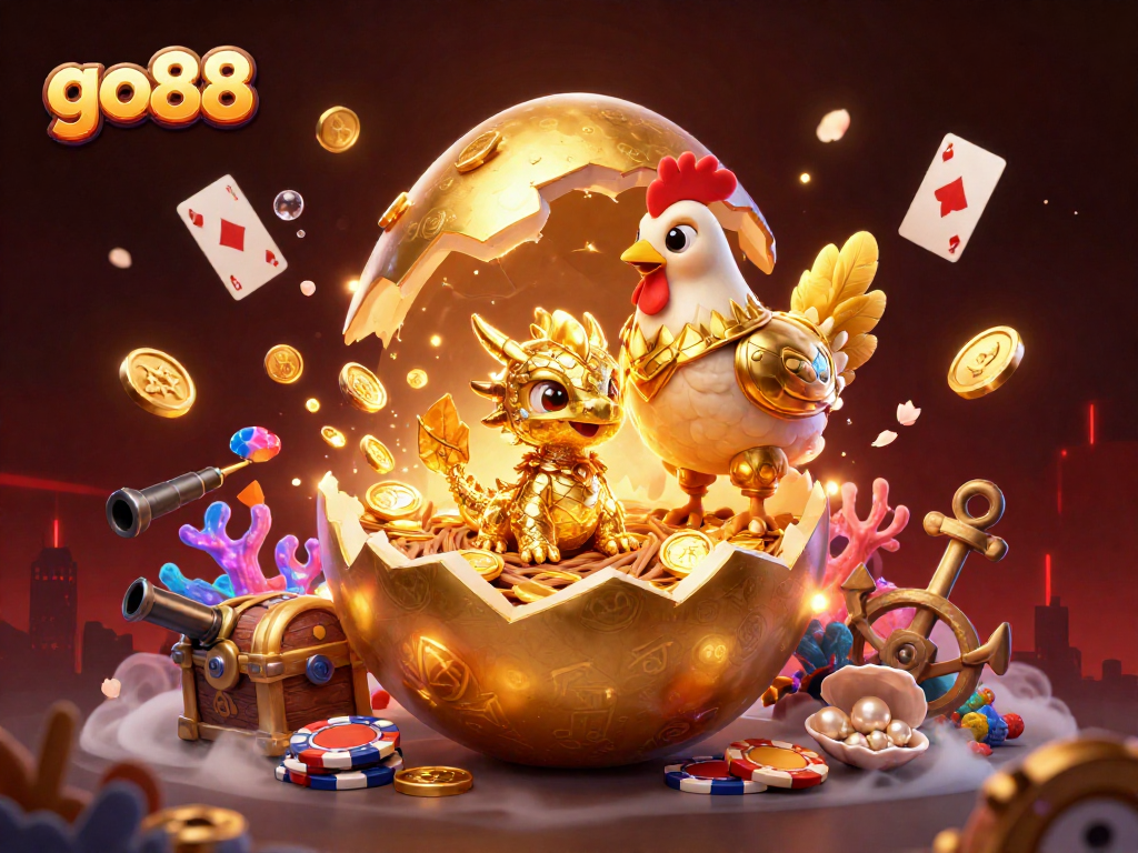 Engage with go88's vibrant casino gaming scene showcasing a golden dragon amidst poker chips and treasure.