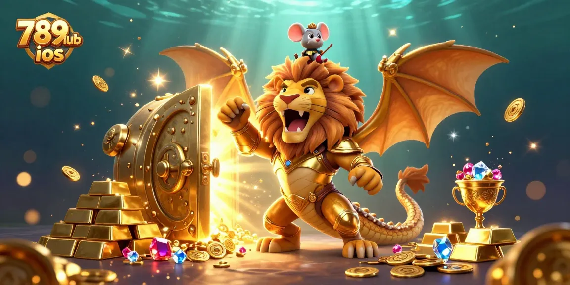 Experience winning moments with 789club ios, featuring a golden chimera and treasure in a vibrant gaming scene.