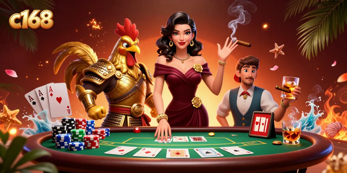 C168 casino scene featuring a glamorous woman and a golden rooster warrior playing poker among vibrant casino elements.