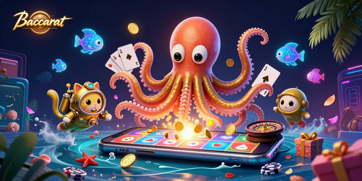 Baccarat thrill depicted with a colossal kraken, diving cat, and vivid game elements creating an engaging scene.