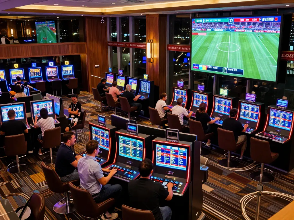 Exciting sports betting scene at nk88 casino with enthusiastic players analyzing odds and engaging with live events