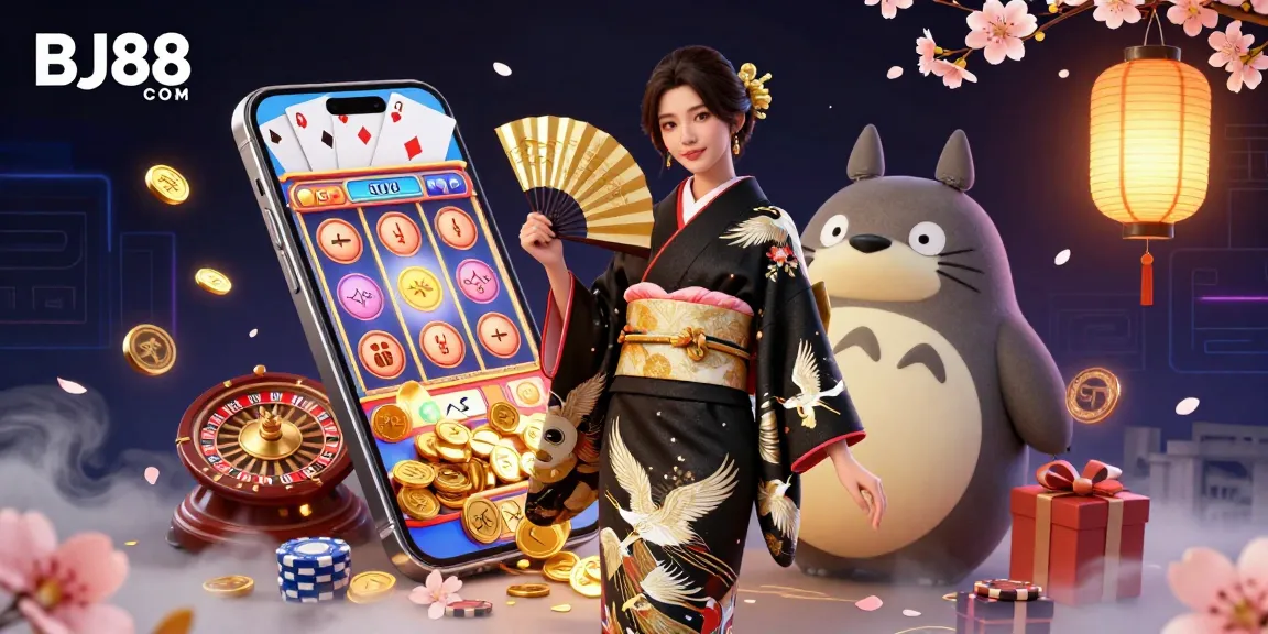 Experience thrilling gaming action at BJ88 COM with 3D casino characters, dynamic slot games, and festive elements.