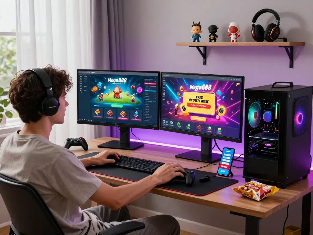 Engaged player maximizing free credit mega888 in vibrant gaming setup