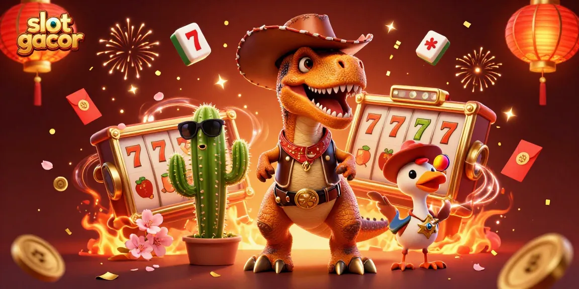 Engage with slot gacor as a cartoon cowboy dinosaur and friends celebrate over jackpot reels and festive elements.