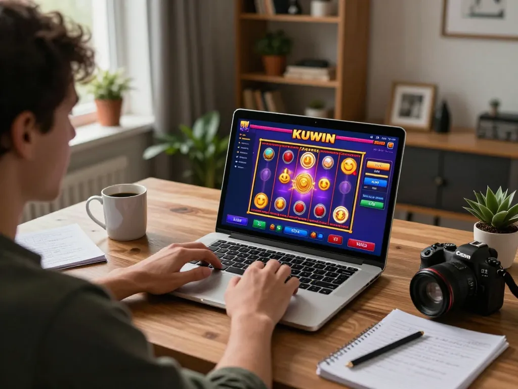Kuwin player engaging with vibrant slot game on laptop in cozy home office.