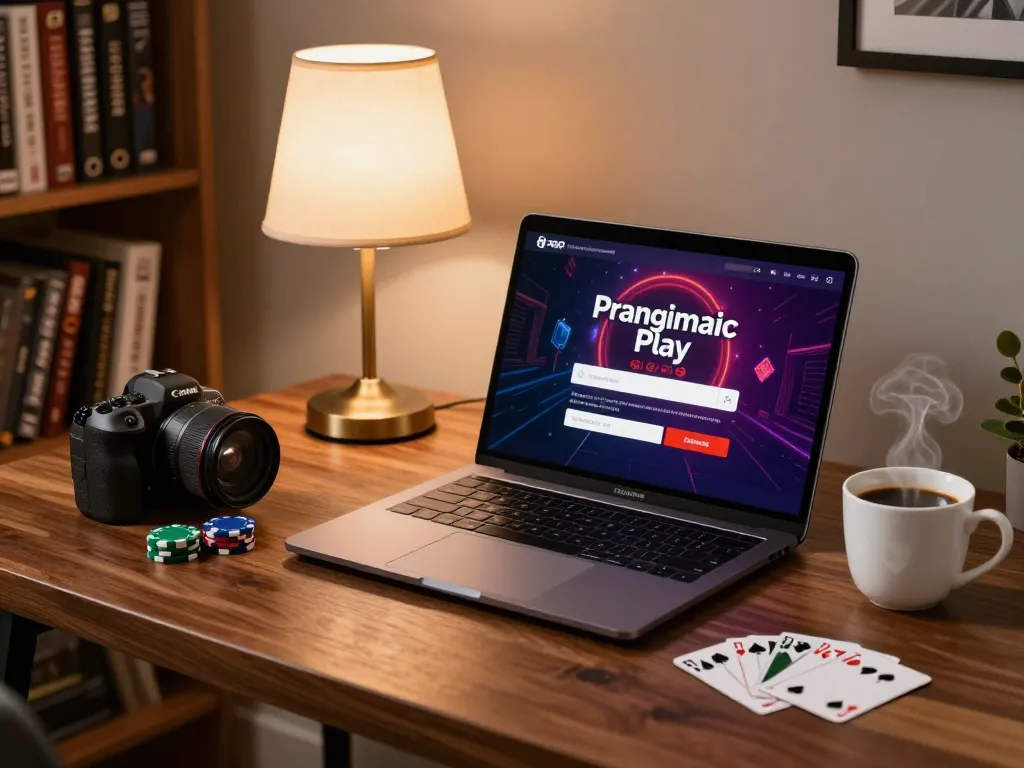 Engaging scene of Pragmatic Play Login on a laptop showcasing online gaming strategies with cards and chips.