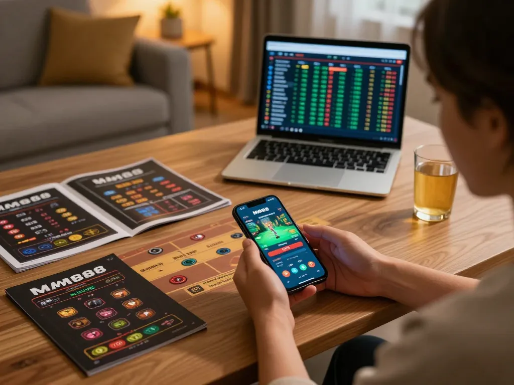 Engaging with the MM88 app for online gambling strategies in a cozy home setup.