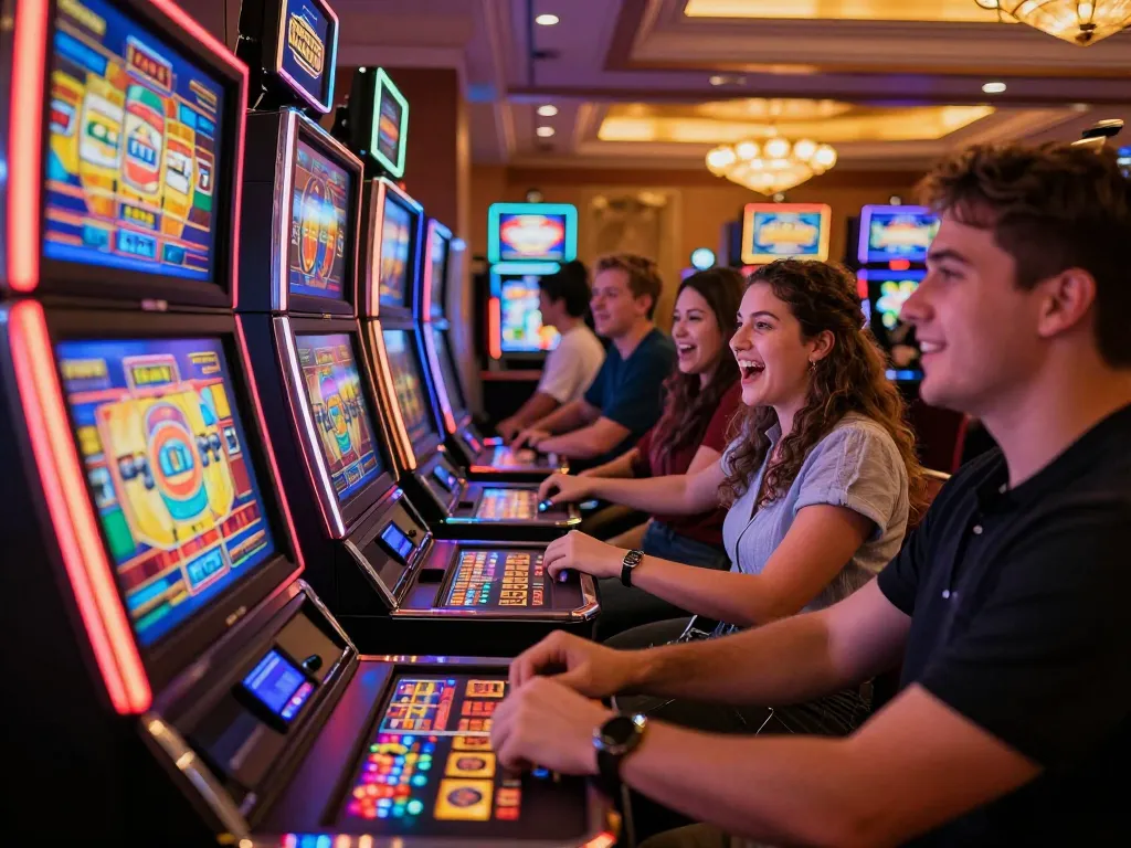Engaged players at a vibrant casino slot machine area enjoying Igamble247 Slot while celebrating dynamic game moments.