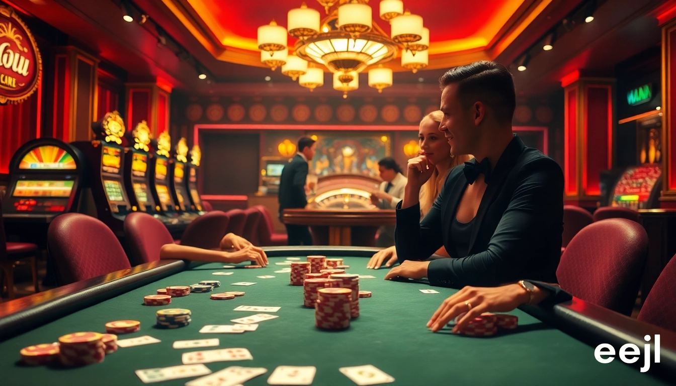 Experience the thrill of gambling at EEJL with an exciting poker table scene featuring colorful chips and cards.