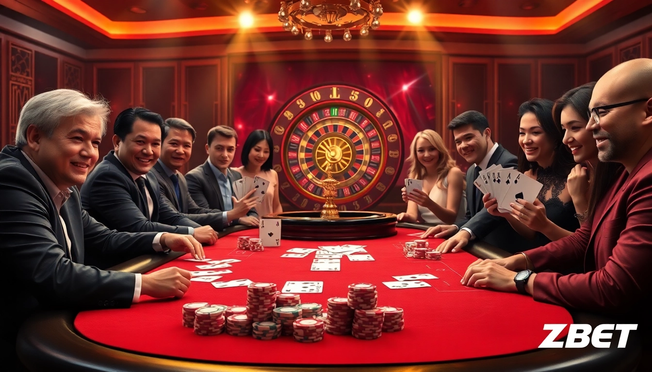 ZBET players thrillingly engaging in high-stakes poker at a luxury casino table with vibrant chips and cards.