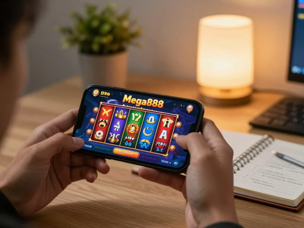 Engage with free credit mega888 during an online gaming session on a smartphone in a cozy environment.