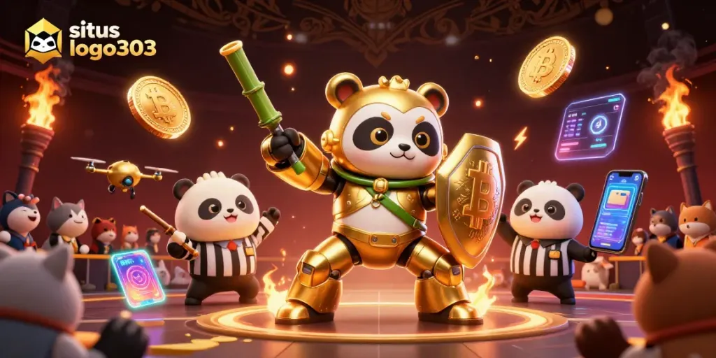 Situs logo303 menghadirkan ilustrasi kasino 3D yang meriah dengan panda emas dan robot bertema bambu.