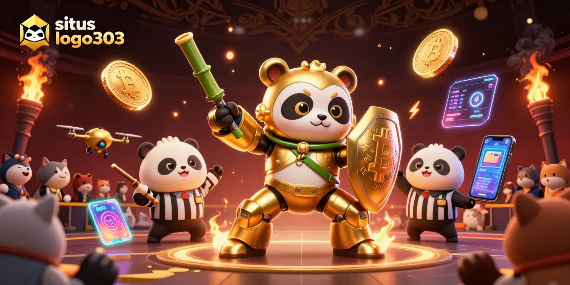 Situs logo303 menghadirkan ilustrasi kasino 3D yang meriah dengan panda emas dan robot bertema bambu.