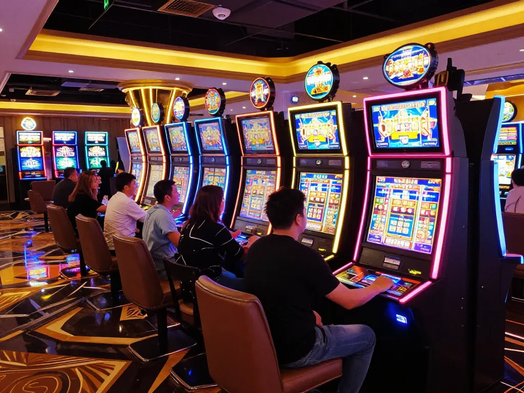 Players enjoying exciting wins at mega slot machines in a lively casino