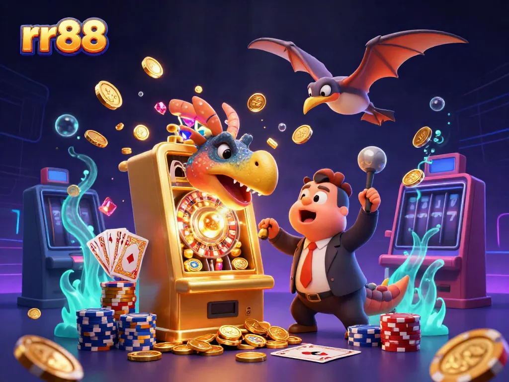 Experience excitement with rr88 as a cartoon dinosaur interacts with a slot machine, surrounded by flying coins.