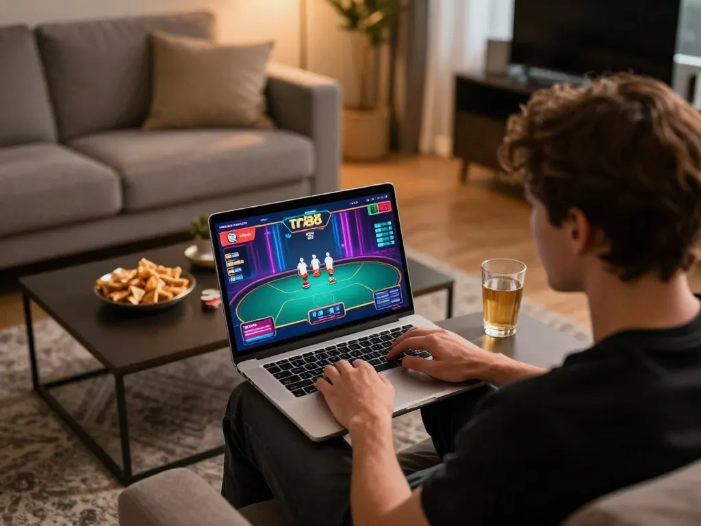 Engaged player using tr88 platform for an online poker game on laptop in a cozy setting