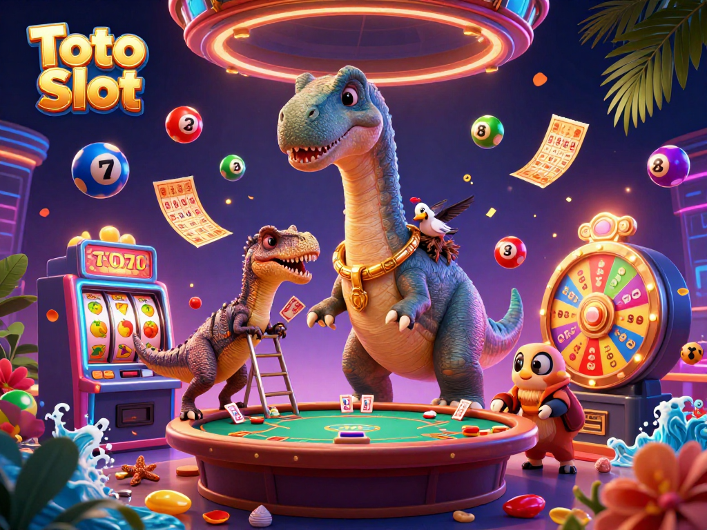 Toto Slot animated scene showcasing excitement with vibrant lottery balls and slot reels.