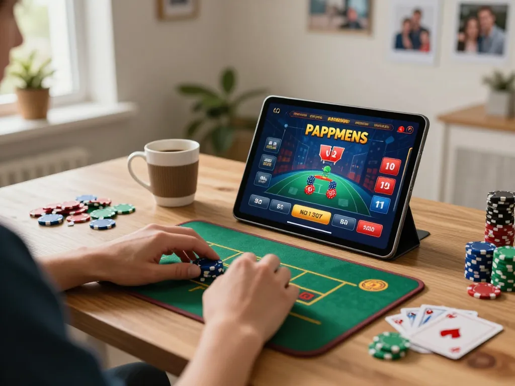 Engaging with Sunwin's casino app on a tablet amidst a cozy home office setting.