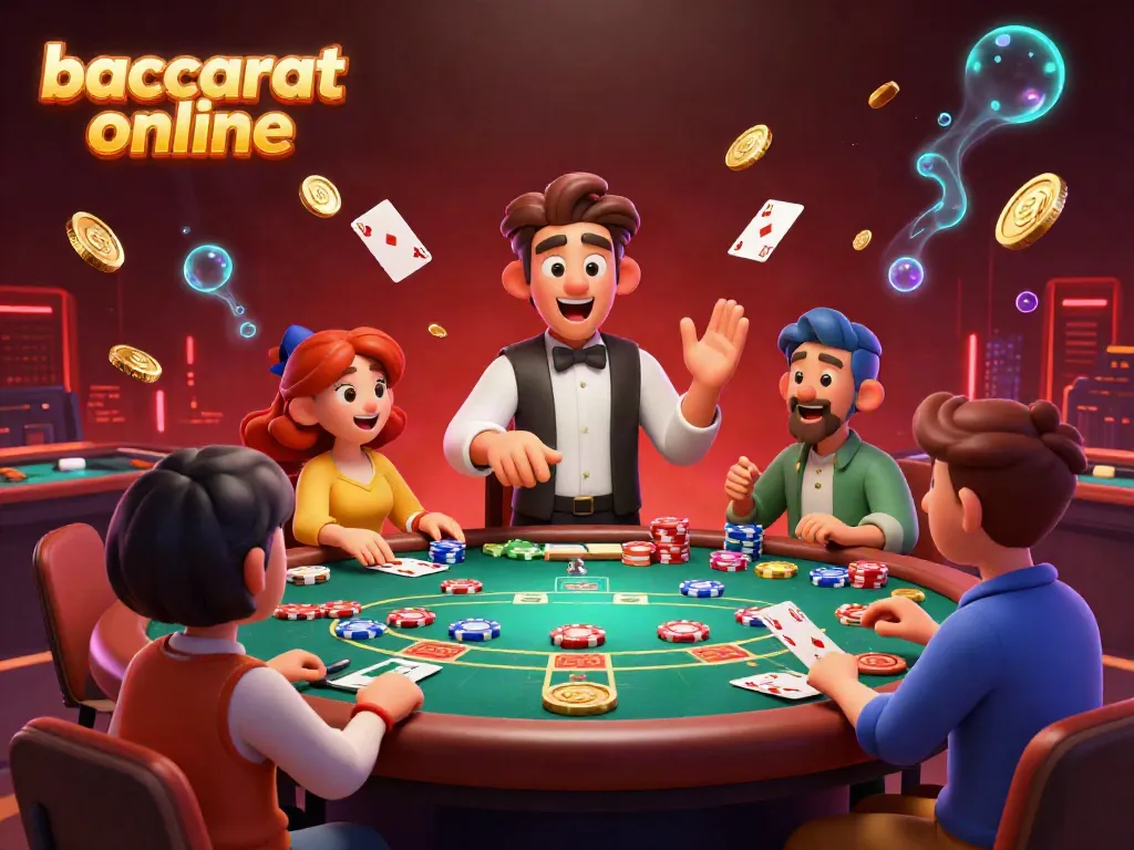 Experience baccarat online with lively gamblers at an animated baccarat table amidst flying cards and coins.
