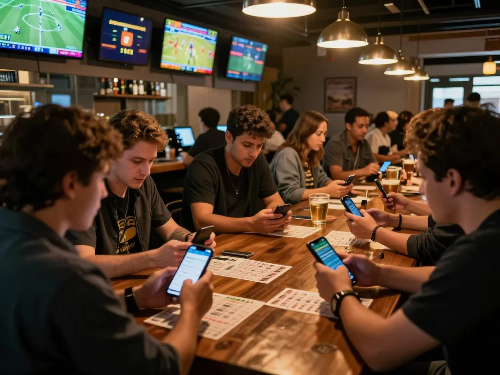 Patrons engaging in sports betting excitement with keonhacai apps and lively screens in a modern bar.
