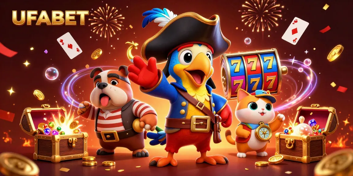Experience the excitement of UFABET with a vibrant 3D scene showcasing slots and playful casino characters.