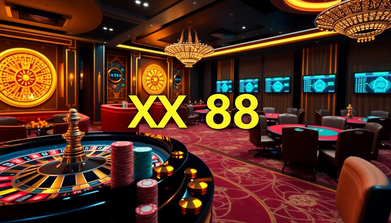 Players engaging in high-stakes gambling at XX 88 online casino with vibrant colors and excitement.