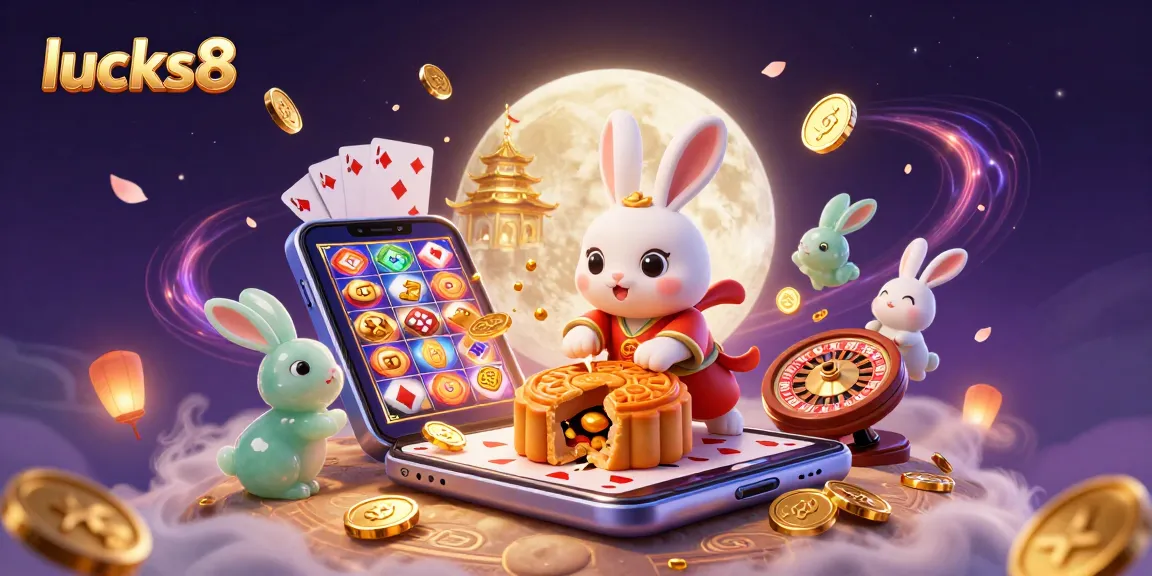Experience gaming excitement with lucks8 as a cartoon moon rabbit reveals poker chips and slot game action.