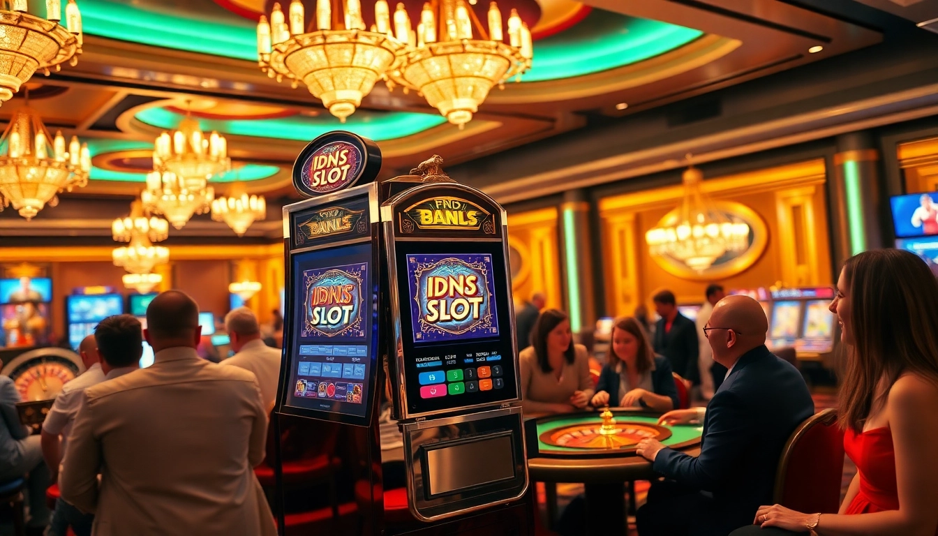 Players enjoying the excitement of IDNSLOT at a luxurious casino setup filled with vibrant lights and joy.