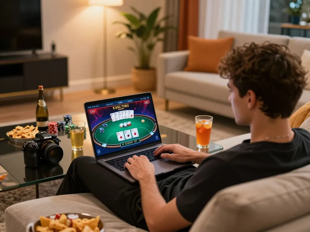 Playing online poker through ทางเข้า m112 on a laptop, showcasing a vibrant gaming atmosphere.