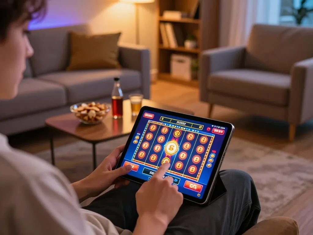 gbong player engaging with an online slot game on a tablet in a cozy home setting.