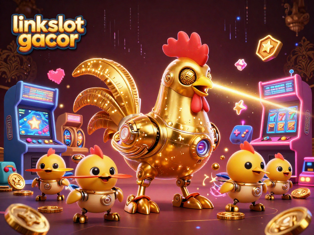 Engage with the link slot gacor experience featuring a golden rooster robot and dynamic gaming elements.