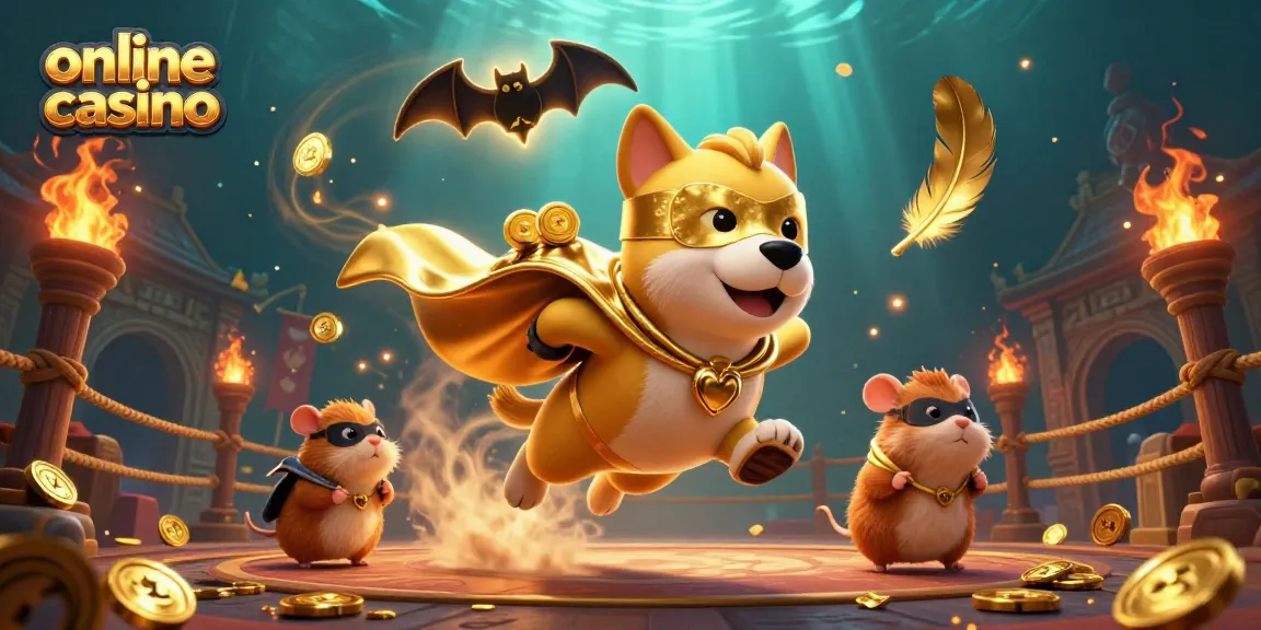 Engage in the thrilling atmosphere of an online casino with a superhero dog and hamster duo collecting gold.