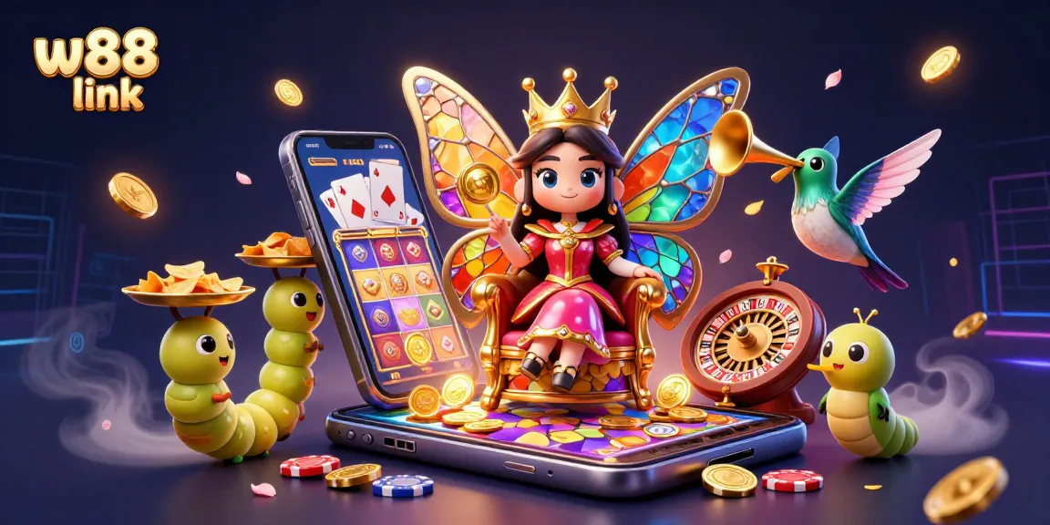 Engage with the thrilling w88 link experience through colorful casino elements and a majestic butterfly queen.