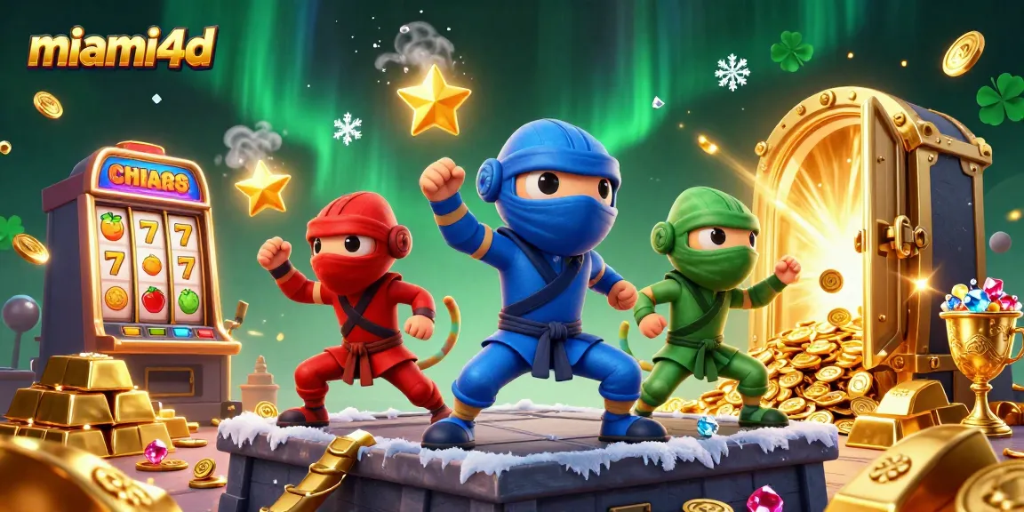 Experience miami4d's thrilling slots with chameleon ninjas in action surrounded by treasures.