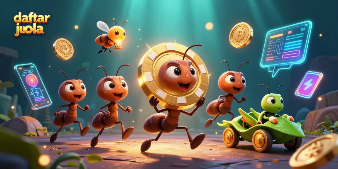 Experience daftar judi bola excitement with cartoon ants heisting a giant poker chip in a vibrant scene.